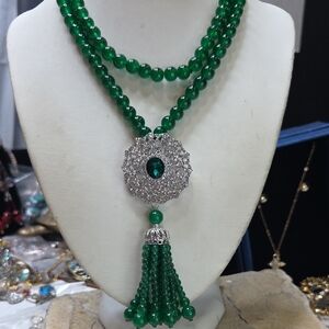 Long Green Glass Beaded Necklace with Silver Tassel Pendant